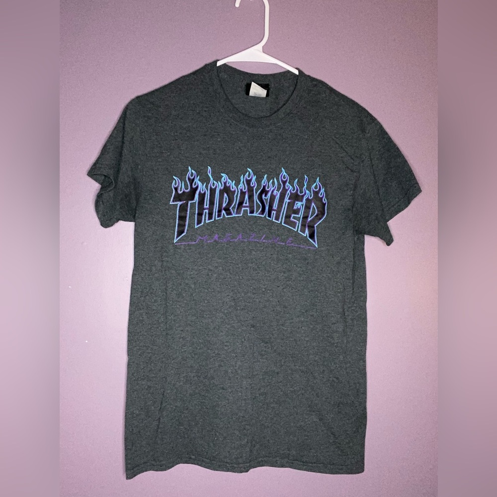 Thrasher Magazine Gray Flames Logo Skate T Shirt Size Small